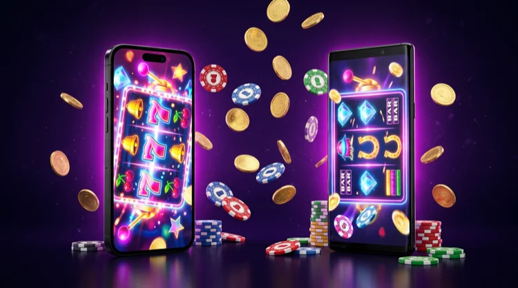iPhone en Android naast elkaar met casinospel op het scherm en gloeiende munten en fiches.