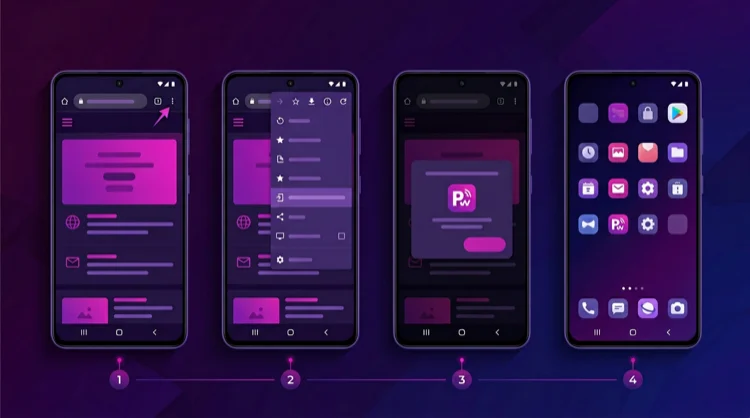 Stappenplan: vier Android-schermen voor het installeren van de PWA op het startscherm.