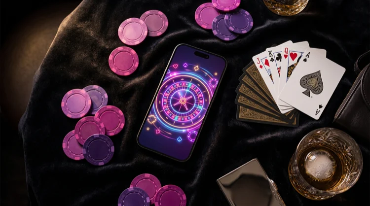 Flatlay met telefoon met roulette op scherm, fiches en kaarten op donker fluweel.