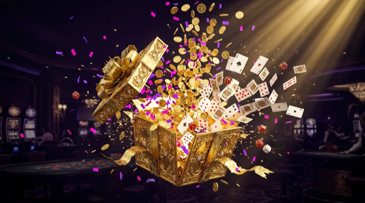 Dramatische bonusbanner met gouden geschenkdoos, munten en magenta-violette confetti.