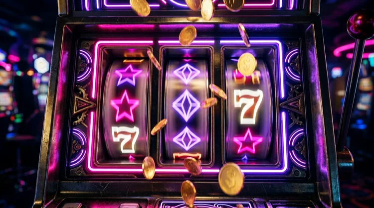Close-up van draaiende gokautomaat met neon symbolen en vallende gouden munten.