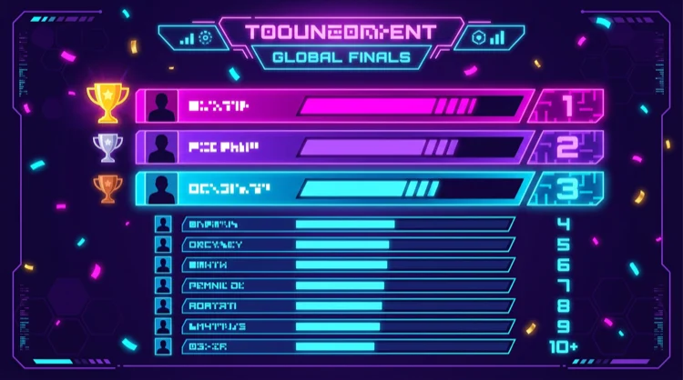 Digitaal toernooiklassement met neonkleuren, trofeeën en confetti.