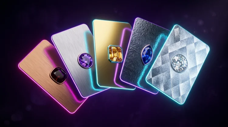 Vijf luxe VIP-lidmaatschapskaarten in brons, zilver, goud, platina en diamant met neonrand.