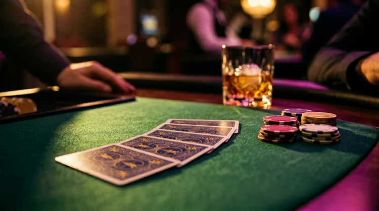 Speelkaarten en stapels fiches op groen vilt met dramatische paarse en gouden casinoverlichting.