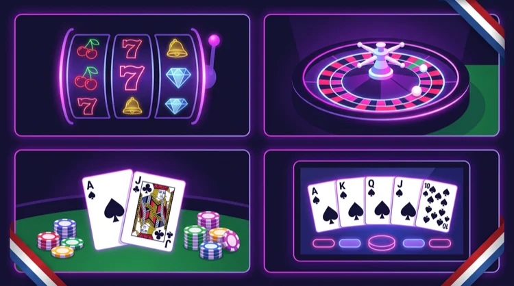 Illustratie van casinocategorieën: slots, live roulette, blackjack en videopoker in neon op donkerpaars.