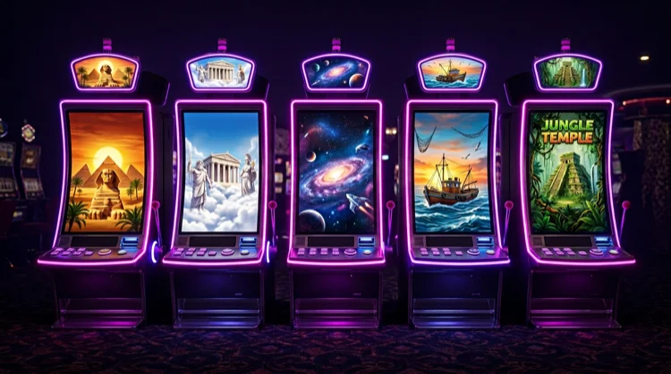 Rij gokautomaten met verschillende thema’s en magenta-violette casinoverlichting.