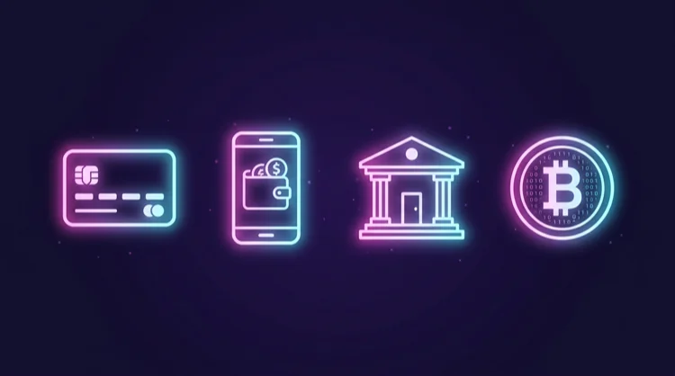 Illustratie van online betaalmethoden: kaart, e-wallet, bankoverschrijving en crypto op donkere achtergrond.