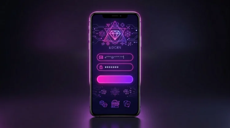 Smartphone met donker inlogscherm voor een casino-app en gloeiende magenta invoervelden.