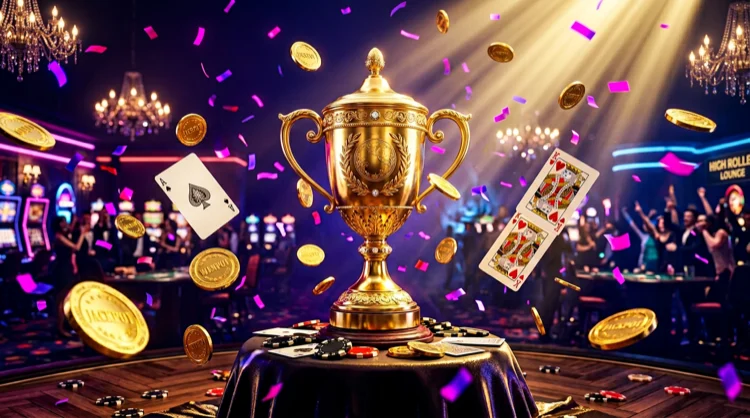 Brede decoratieve casino-banner met gouden trofee, munten, speelkaarten en neonconfetti.