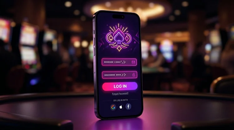 Smartphone met donker casino-inlogscherm, gloeiende magenta velden en gradient knop.