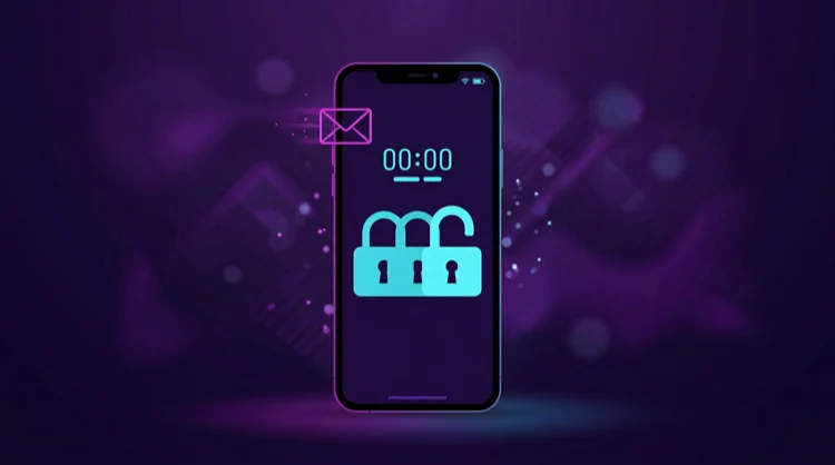 Telefoon met enveloppictogram en visuele hint voor wachtwoordherstel: slot en open slot in neon.