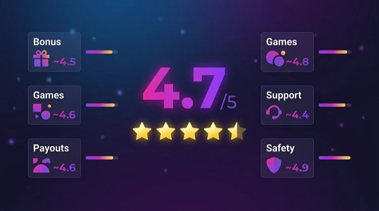 Beoordelingskaart met score, sterren en categorie-indicatoren voor een casinoreview.